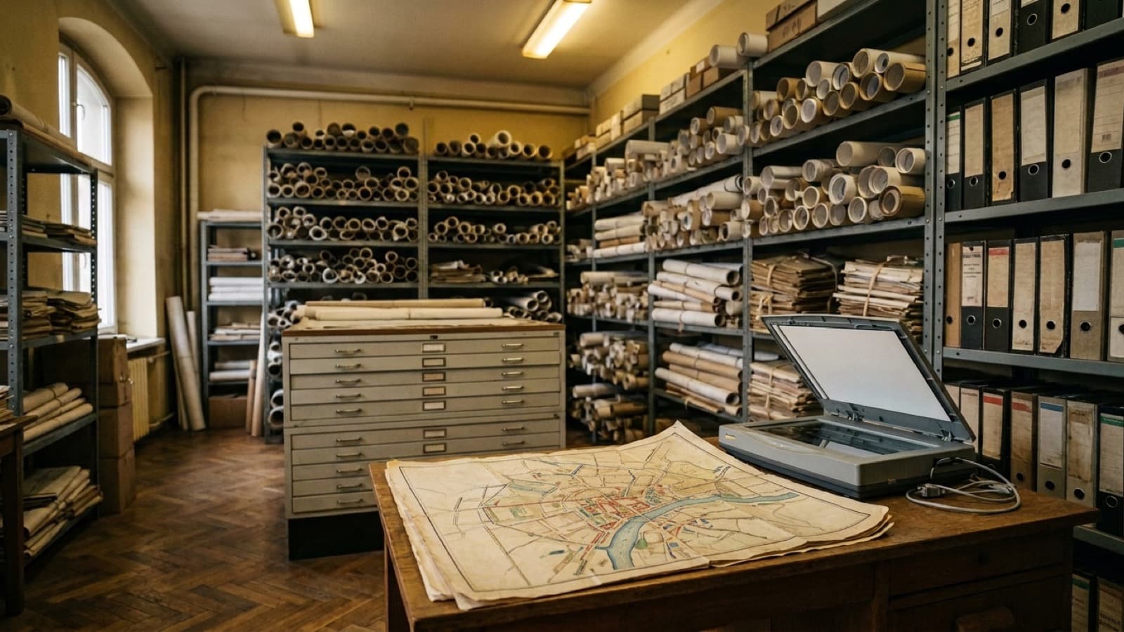 Archiwum planów w urzędzie gminy z papierowymi rysunkami planów miejscowych i skanerem