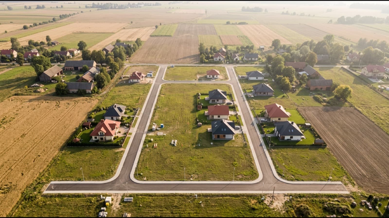 Nowe osiedle domów jednorodzinnych z regularnymi działkami i drogami wewnętrznymi na skraju wsi