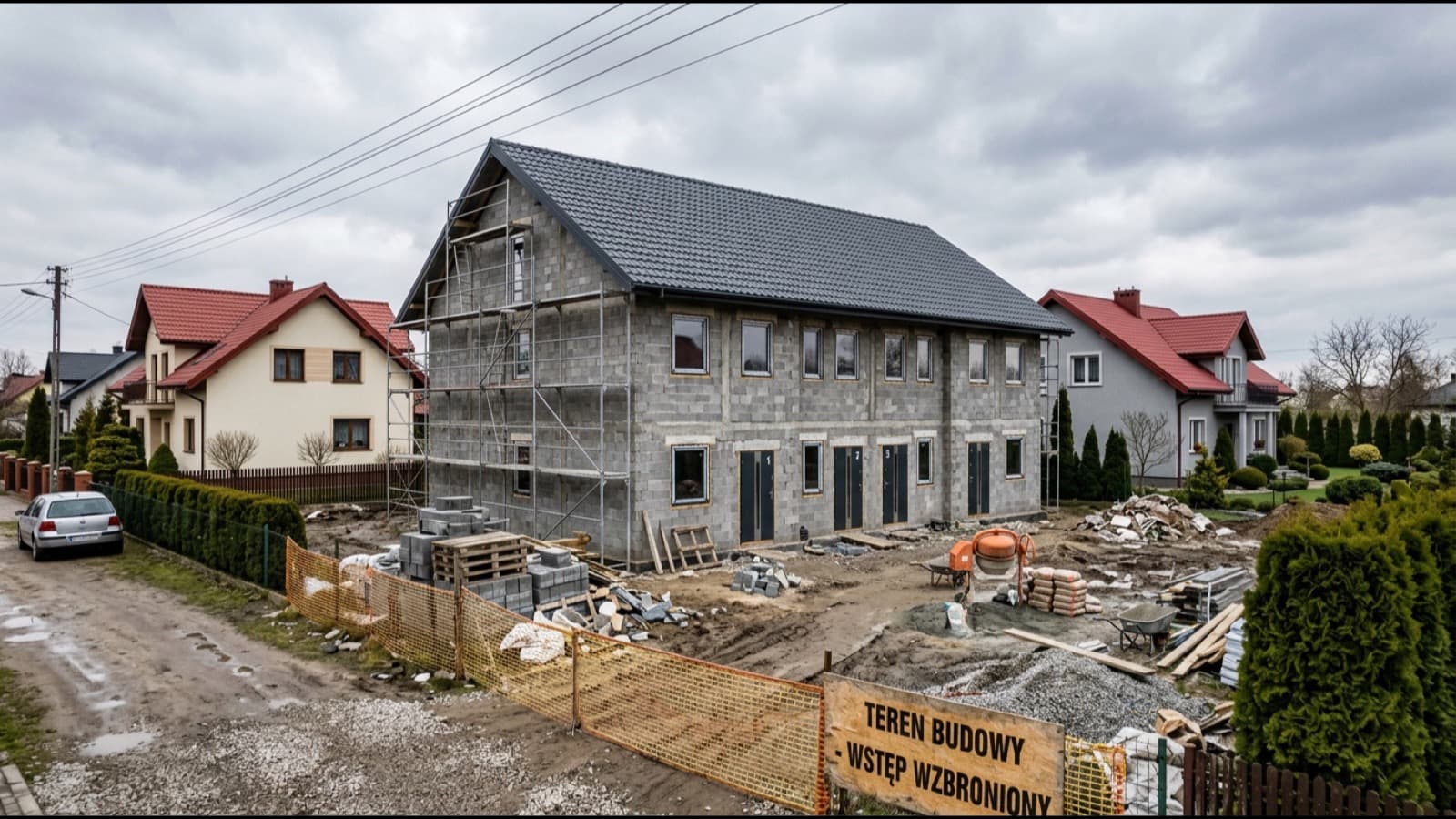 Mały dom wielorodzinny w budowie, w gabarycie i z dachem sąsiednich domów jednorodzinnych
