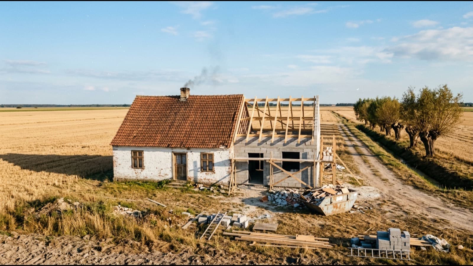 Stary dom na wsi, z dala od innej zabudowy, z dobudowywaną częścią w stanie surowym