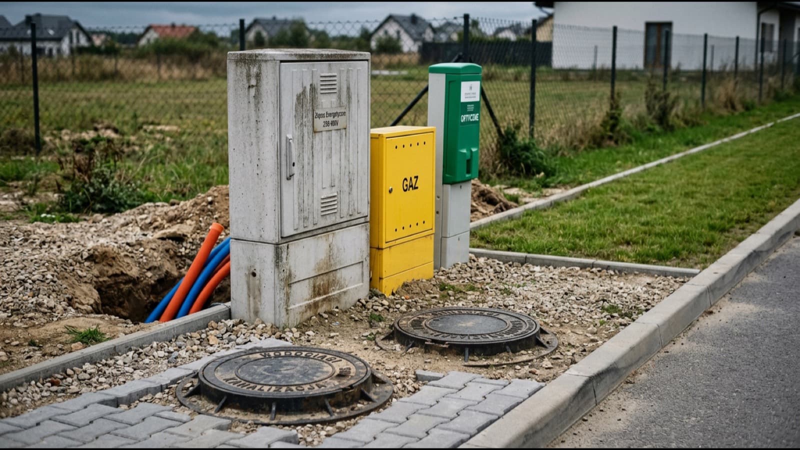 Skrzynki przyłączeniowe energetyczna, gazowa i światłowodowa w pasie drogi, obok studzienek i rur osłonowych